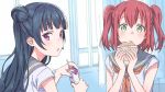  2girls :t black_hair blush closed_mouth commentary_request curtains eating food green_eyes hair_bun head_tilt highres holding holding_food indoors juice_box kurosawa_ruby long_hair looking_at_viewer love_live! love_live!_sunshine!! megumegu_hosi_117 multiple_girls neckerchief open_mouth pink_eyes redhead school_uniform serafuku short_sleeves sketch tsushima_yoshiko two_side_up window 