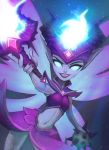  1girl alternate_costume blue_eyes blue_skin bomb fairy fairy_wings fire gem glowing glowing_eyes horns lailyu lipstick makeup midriff nail_polish navel paladins pointy_ears solo staff teeth willo_(paladins) wings 