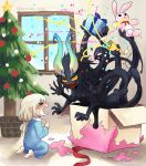  &gt;_&lt; 1girl :d black_skin blonde_hair blue_pajamas blue_ribbon blush bow box child christmas christmas_ornaments christmas_tree closed_eyes crying eyebrows_visible_through_hair from_side full_body gift gift_box gloom_(expression) hair_between_eyes holding holding_gift horns indoors long_hair low-tied_long_hair mikuromono monster multiple_arms no_pupils nose_blush open_mouth original pajamas party_popper pointy_ears red_bow red_ribbon ribbon sharp_teeth sitting smile solid_circle_eyes star stuffed_animal stuffed_bunny stuffed_toy sweat teeth twitter_username window yellow_sclera 