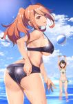  2girls adjusting_clothes adjusting_swimsuit armpits arms_up ass ball bare_shoulders beachball bikini blue_sky breasts brown_hair clouds collarbone commentary_request day highres large_breasts lipstick long_hair looking_at_viewer looking_back makeup multiple_girls navel open_mouth orange_eyes orange_hair outdoors parted_lips ponytail short_hair sideboob sky smile swimsuit under_boob water wet 