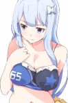  10s 1girl bangs blue_eyes blue_hair bow breasts bustier cheerleader cleavage clothes_writing enelis frills hair_bow hand_on_own_chest idolmaster idolmaster_million_live! idolmaster_million_live!_theater_days licking_lips looking_to_the_side medium_breasts midriff shiraishi_tsumugi solo spaghetti_strap tongue tongue_out upper_body white_background 