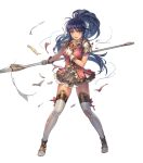  1girl armor bangs blue_eyes blue_hair boots braid broken broken_armor broken_weapon collar collarbone cuboon dress eyebrows_visible_through_hair female fire_emblem fire_emblem:_seima_no_kouseki fire_emblem_heroes full_body gloves high_ponytail highres holding holding_weapon long_hair looking_at_viewer official_art pauldrons polearm ponytail short_dress shoulder_armor skirt solo spear tana thigh-highs thigh_boots torn_clothes transparent_background twin_braids weapon white_gloves zettai_ryouiki 