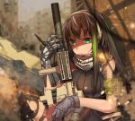  1girl armband assault_rifle bandanna bangs black_legwear breasts brown_hair closed_mouth cosplay day erere girls_frontline gloves glowing glowing_eyes green_eyes green_hair grey_gloves gun hand_on_own_knee holding holding_gun holding_weapon idolmaster idolmaster_cinderella_girls large_breasts long_hair looking_at_viewer m4_carbine m4a1_(girls_frontline) m4a1_(girls_frontline)_(cosplay) multicolored_hair outdoors ribbed_sweater rifle ruins shibuya_rin sidelocks sitting sleeveless sleeveless_turtleneck solo streaked_hair suppressor sweater thigh-highs thigh_strap torn_clothes torn_thighhighs tsurime turtleneck turtleneck_sweater vertical_foregrip weapon 