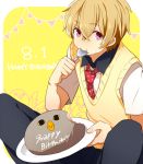  bird black_pants blonde_hair cake closed_mouth collar collared_shirt eating eyebrows eyebrows_visible_through_hair food food_on_face free! hair_between_eyes happy_birthday hazuki_nagisa hiiroichi holding holding_spoon looking_at_viewer male_focus necktie pants pastry pink_eyes red_necktie school_uniform shadow shirt short_hair short_sleeves simple_background spoon spoon_in_mouth string_of_flags sweater_vest tray upper_body vest yellow_background 