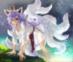  &gt;:( 1girl all_fours animal_ears artist_request bathrobe blue_eyes breasts cleavage closed_mouth fox_ears fox_tail hair_over_one_eye heterochromia horns kuon_(shinrabanshou) kyuubi large_breasts long_hair looking_at_viewer multiple_tails partially_submerged red_eyes sash shinrabanshou solo tail yellow_eyes 