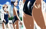  3girls adjusting_clothes adjusting_swimsuit ass bangs black_hair blue_eyes blue_swimsuit broom brown_hair close-up clouds cloudy_sky commentary_request cowboy_shot day empty_pool fence highres holding hot kakkii long_hair looking_at_another multiple_girls one-piece_swimsuit open_mouth original outdoors red_eyes school_swimsuit short_hair sky standing sweat sweating sweating_profusely swimsuit translation_request wet wet_clothes 