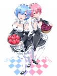  2girls apple apron back-to-back bakuchiku bangs bare_shoulders basket black_ribbon blue_eyes blue_hair blunt_bangs blush breasts bucket character_name cleavage closed_mouth collar detached_collar detached_sleeves eyebrows eyebrows_visible_through_hair eyelashes floor food frilled_collar frilled_hairband frilled_sleeves frills from_above fruit full_body hair_between_eyes hair_ornament hair_over_one_eye hairband highres holding long_sleeves looking_at_viewer maid maid_apron maid_headdress medium_breasts multiple_girls open_mouth pantyhose pink_eyes pink_hair pink_ribbon purple_ribbon ram_(re:zero) re:zero_kara_hajimeru_isekai_seikatsu rem_(re:zero) ribbon ribbon-trimmed_clothes ribbon_trim shoes short_hair siblings simple_background sisters small_breasts smile standing teeth tile_floor tiles tongue twins underbust upper_teeth white_background white_legwear wide_sleeves x_hair_ornament 