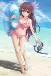  10s 1girl absurdres beach bikini brown_hair chamu_(chammkue) clouds crescent crescent_moon_pin diving_mask diving_mask_removed front-tie_top full_body hair_ornament highres innertube kantai_collection kisaragi_(kantai_collection) long_hair looking_at_viewer navel open_mouth outdoors pink_bikini sandals side-tie_bikini sky snorkel solo standing swimsuit twitter_username violet_eyes 
