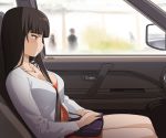  1girl a1 bag bangs between_breasts blouse blunt_bangs blush breasts brown_eyes brown_hair car_interior cleavage closed_mouth collarbone dress from_side frown girls_und_panzer handbag jewelry large_breasts long_hair necklace nishizumi_shiho orange_dress own_hands_together profile seatbelt side_mirror sideways_mouth sitting sketch solo 