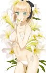  ahoge artoria_pendragon_(all) bare_shoulders bikini blonde_hair commentary_request fate/stay_night fate_(series) finger_to_mouth flower front-tie_bikini front-tie_top green_eyes hair_ribbon highres lily_(flower) navel ponytail ribbon saber_lily side-tie_bikini standing swimsuit throtem white_bikini 