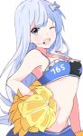  10s 1girl ;d arched_back blue_eyes blue_hair bow bustier cheerleader clothes_writing enelis hair_bow hand_on_hip headset idolmaster idolmaster_million_live! idolmaster_million_live!_theater_days long_hair looking_at_viewer midriff one_eye_closed open_mouth pom_poms shiraishi_tsumugi smile solo spaghetti_strap very_long_hair 