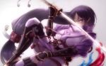 1girl armor blush bodysuit breasts fate/grand_order fate_(series) fingerless_gloves from_side gloves holding holding_sword holding_weapon japanese_armor katana kote large_breasts long_hair looking_at_viewer looking_to_the_side low-tied_long_hair minamoto_no_raikou_(fate/grand_order) purple_bodysuit purple_hair smile solo sword very_long_hair violet_eyes weapon yude 