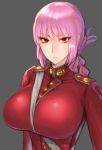  1girl braid breasts fate/grand_order fate_(series) florence_nightingale_(fate/grand_order) folded_ponytail grey_background highres large_breasts long_hair looking_at_viewer military military_uniform pink_hair red_eyes simple_background solo uniform wolffeld 