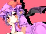  1girl bangs bat_wings blush bow brooch brown_eyes closed_mouth fang hand_on_own_cheek hat hat_bow jewelry karasusou_nano long_hair looking_at_viewer mob_cap pink_background pink_hat pointy_ears purple_hair red_bow remilia_scarlet short_hair short_sleeves simple_background solo touhou wings 