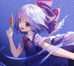  1girl bangs bare_arms blue_dress blue_eyes blue_hair bow cirno dress food hair_bow holding ice ice_wings lo-ta looking_at_viewer outstretched_arm popsicle purple_bow red_ribbon ribbon short_hair short_sleeves smile solo touhou upper_body watermelon_bar wings 