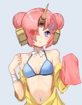  1girl :&lt; bandage bandaged_arm bare_shoulders berserker_of_black bikini_top blue_background blue_bikini_top blue_eyes choker double_bun expressionless eyebrows_visible_through_hair eyes_visible_through_hair fate/apocrypha fate/grand_order fate_(series) frankenstein&#039;s_monster_(swimsuit_saber)_(fate) hair_ornament hair_over_one_eye headgear horn looking_at_viewer navel off_shoulder pink_hair ribbon_choker shovelwell simple_background sleeves_past_wrists solo 