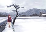  1girl adjusting_scarf bangs bare_tree berabou boots bow breath cape grey_sky hair_bow hand_on_hip mountain pine_tree red_eyes red_scarf redhead scarf scenery sekibanki short_hair snow solo touhou tree walking winter 