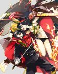  2girls armpits bare_shoulders bikini black_hair cape demon_archer dual_persona epaulettes fate/grand_order fate_(series) fire frilled_bikini frills groin guitar hat instrument katana long_hair multiple_girls navel oda_nobunaga_(swimsuit_berserker)_(fate) open_mouth peaked_cap red_eyes sorakura_shikiji swimsuit sword weapon 