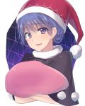  1girl asa_(coco) bangs blue_hair blush capelet doremy_sweet eyebrows_visible_through_hair hat looking_at_viewer nightcap open_mouth pom_pom_(clothes) short_hair smile solo touhou upper_body violet_eyes 