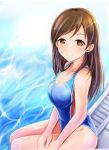  10s 1girl breasts brown_eyes brown_hair competition_swimsuit idolmaster idolmaster_cinderella_girls idolmaster_cinderella_girls_starlight_stage long_hair medium_breasts nannacy7 nitta_minami one-piece_swimsuit pool smile soaking_feet solo swimsuit 