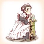  1girl apron blush brown_eyes brown_hair cobblestone glasses hair_up highres looking_afar maid maid_apron maid_headdress original rimless_glasses scratches sepia_background simple_background skateboard sleeve_cuffs solo squatting suzushiro_(suzushiro333) thick_eyebrows 