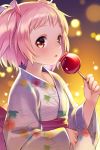  1girl blurry bokeh bow candy_apple depth_of_field flower_knight_girl food hanai_(flower_knight_girl) holding holding_food japanese_clothes kimono looking_at_viewer pink_bow pink_hair print_kimono red_eyes short_hair short_twintails shouni_(sato3) solo twintails two_side_up upper_body white_kimono yukata 