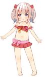  1girl barefoot bikini bikini_skirt blue_eyes brown_hair final_fantasy final_fantasy_xiv full_body lalafell long_hair meito_(maze) navel open_mouth outstretched_arms pointy_ears red_bikini ribbon smile solo swimsuit twintails 