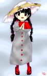  :d ajirogasa black_hair braid commentary_request dress earlobes grey_dress hat hidden_star_in_four_seasons long_hair long_sleeves looking_at_viewer oota_jun&#039;ya_(style) open_mouth red_eyes ribumin simple_background smile solo touhou twin_braids yatadera_narumi 