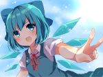  1girl :d bangs blue_bow blue_eyes blue_hair blush bow cirno collared_shirt commentary_request eyebrows_visible_through_hair hair_bow ice ice_wings karasusou_nano looking_at_viewer neck_ribbon open_mouth red_ribbon ribbon shirt short_hair short_sleeves sleeveless smile solo touhou upper_body v white_shirt wings 