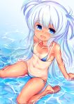  1girl :d baikamo_(flower_knight_girl) bikini blue_bikini blue_eyes blush breasts collarbone flower_knight_girl full_body keikotsu long_hair looking_at_viewer one-piece_tan open_mouth partially_submerged side-tie_bikini silver_hair sitting small_breasts smile solo swimsuit tan tanline two_side_up wariza water 