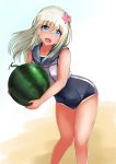  10s 1girl absurdres blonde_hair blue_eyes crop_top flower food fruit hair_flower hair_ornament highres jwh kantai_collection looking_at_viewer one-piece_tan ro-500_(kantai_collection) sailor_collar school_swimsuit solo swimsuit swimsuit_under_clothes tan tanline watermelon 