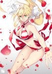 1girl ahoge barefoot bikini blonde_hair braid breasts cleavage earrings fate/grand_order fate_(series) floating_hair green_eyes hair_between_eyes hair_intakes hair_ribbon halterneck jewelry long_hair looking_at_viewer medium_breasts navel nero_claudius_(swimsuit_caster)_(fate) outstretched_arm parted_lips pepper_fever petals ribbon side-tie_bikini smile solo striped striped_bikini swimsuit twintails very_long_hair white_ribbon wind 