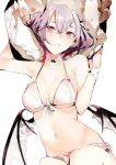  1girl bare_arms bare_shoulders bat_wings bikini breasts cleavage commentary_request fang front-tie_top gradient_hair hair_between_eyes halter_top halterneck highres looking_at_viewer medium_breasts multicolored_hair navel original pink_hair purple_hair shunsei_(muratou) simple_background solo stomach string_bikini swimsuit violet_eyes white_background white_bikini wings 