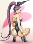  1girl animal_ears ass black_leotard black_shoes bracelet breasts bunnysuit dragon_quest dragon_quest_xi fishnet_pantyhose fishnets from_behind high_heels jewelry large_breasts leotard long_hair looking_at_viewer looking_back martina_(dragon_quest_xi) monteri pantyhose ponytail purple_hair rabbit_ears shoes solo squatting strapless strapless_leotard violet_eyes 