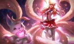  1girl ahri animal_ears boots detached_sleeves fox_ears fox_tail hand_on_hip heart league_of_legends lipstick long_hair looking_at_viewer magical_girl makeup multiple_tails nail_polish official_art one_eye_closed red_lipstick ribbon skirt solo star_guardian_ahri tail thigh-highs thigh_boots zettai_ryouiki 