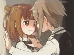  2girls ange_(princess_principal) beatrice_(princess_principal) blush bow bowtie breath brown_eyes brown_hair commentary double_bun eyebrows_visible_through_hair grey_hair hand_holding hand_on_shoulder multiple_girls niina_ryou princess_principal short_hair smile sweatdrop wall_slam yuri 