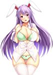  1girl animal_ears blush bow bow_bra bow_panties bra breasts buttons cleavage curvy dress_shirt ebi_193 gluteal_fold green_bra green_panties huge_breasts long_hair looking_at_viewer off_shoulder open_mouth panties pink_eyes purple_hair rabbit_ears red_bow reisen_udongein_inaba shirt short_sleeves simple_background skindentation smile solo thigh-highs touhou underwear white_background white_legwear white_shirt wide_hips wing_collar 