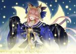  1girl animal_ears bell blush breasts cleavage closed_eyes fang fate/extra fate/grand_order fate_(series) fox_ears fox_tail hair_ribbon hajikaji highres japanese_clothes large_breasts long_hair looking_at_viewer multiple_tails nature night night_sky outdoors pink_hair ribbon sky solo star star_(sky) starry_sky tail tamamo_(fate)_(all) tamamo_no_mae_(fate) very_long_hair 