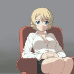  1girl a1 bare_legs black_skirt blonde_hair blue_eyes braid breasts chair cleavage collarbone collared_shirt darjeeling girls_und_panzer gradient gradient_background hands_on_lap highres interlocked_fingers large_breasts looking_at_viewer pencil_skirt shirt short_hair sitting skirt smile solo thighs unbuttoned unbuttoned_shirt white_shirt 