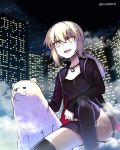  &gt;:d 1girl :d artoria_pendragon_(all) bangs black_legwear black_ribbon blonde_hair breasts building collarbone dog fate/grand_order fate_(series) hair_ribbon hitotose_rin jacket jewelry long_hair looking_away low_ponytail medium_breasts necklace night night_sky open_clothes open_jacket open_mouth ribbon saber_alter shiba_inu shorts sky smile thigh-highs translation_request yellow_eyes 