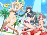  3girls anette_(pso2) armpits arms_up ass bakuchiku ball bangs bare_shoulders barefoot beach beachball bikini bikini_top bird black_bikini black_gloves black_hair blonde_hair blue_eyes blue_hairband blue_sky blunt_bangs blush bow bracer breasts building cleavage_cutout creature day diving_mask diving_mask_on_head eyebrows eyebrows_visible_through_hair fang feet flower frills full_body gene_(pso2) gloves grass green_eyes green_flower green_hair hair_between_eyes hair_ornament hair_ribbon hairband hairclip happy holding innertube jewelry jumping large_breasts leg_garter light_smile long_hair looking_at_viewer looking_back medium_breasts midriff multicolored_hair multiple_girls navel open_mouth outdoors palm_tree palms parted_lips phantasy_star phantasy_star_online_2 pink_bow pink_eyes pink_flower plant rappy redhead ribbon sand sarong simple_background sky smile standing sunlight surfboard surfing swimsuit teeth toes tree twintails very_long_hair violet_eyes water white_bikini 