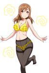  1girl bangs black_legwear blush bra breasts brown_eyes brown_hair cleavage commentary_request highres kunikida_hanamaru long_hair looking_at_viewer love_live! love_live!_sunshine!! navel outstretched_arms panties pantyhose plaid plaid_bra plaid_panties smile solo spread_arms standing standing_on_one_leg thighband_pantyhose underwear underwear_only white_background yellow_bra yellow_panties yopparai_oni 