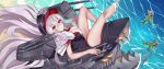  aircraft airplane beach bilan_hangxian bra breasts fur_trim graf_zeppelin_(bilan_hangxian) hat highres jiuling lace lace-trimmed_bra large_breasts long_hair looking_at_viewer no_legwear open_mouth peaked_cap red_eyes rigging silver_hair underwear v water waves white_bra 