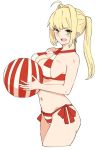  &gt;:d :d ahoge ball beachball bikini blonde_hair blush breasts cleavage cowboy_shot criss-cross_halter cropped_legs earrings fate/grand_order fate_(series) from_side green_eyes hair_intakes halterneck jewelry large_breasts long_hair looking_at_viewer michihasu navel nero_claudius_(swimsuit_caster)_(fate) open_mouth saber_extra simple_background smile striped striped_bikini swimsuit twintails white_background 