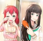  2girls absurdres blush brown_hair brushing_teeth closed_mouth collarbone comb commentary_request eyebrows_visible_through_hair green_eyes hair_between_eyes hair_brushing hair_over_shoulder head_tilt highres holding kurosawa_dia kurosawa_ruby long_hair long_sleeves looking_at_viewer love_live! love_live!_sunshine!! messy_hair mirror mole mole_under_mouth multiple_girls pajamas redhead reflection ribbon_trim rubbing_eyes school_uniform serafuku shaka_0515 shirt siblings sisters sketch smile squinting toothbrush 