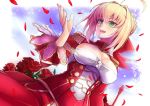  1girl :d ahoge bangs blonde_hair blush breasts cleavage dress epaulettes fate/extra fate_(series) flower green_eyes hair_intakes looking_away open_mouth petals red_dress red_rose rose rose_petals saber_extra smile solo upper_body yude 