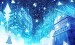  1girl ahoge blue city cityscape crystal fantasy glowing lamppost night night_sky original sakimori_(hououbds) scenery short_hair sky solo standing 