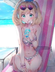  10s 1girl barefoot beach_umbrella bikini blonde_hair breasts chair cleavage drink frilled_bikini frills front-tie_top green_eyes heart_sunglasses highres idolmaster idolmaster_cinderella_girls long_hair looking_at_viewer lounge_chair medium_breasts najuco_(naju0517) pink_bikini plaid plaid_bikini satou_shin side-tie_bikini sitting solo sunglasses sunglasses_on_head swimsuit toenails tongue tongue_out twintails umbrella 