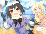  10s 2girls :d animal_ears black_bow black_bowtie black_skirt blonde_hair blush bow bowtie brown_eyes closed_eyes commentary_request common_raccoon_(kemono_friends) day feathers fennec_(kemono_friends) fur_collar hand_holding holding holding_feather karasusou_nano kemono_friends looking_at_viewer multicolored_hair multiple_girls nature open_mouth outdoors pleated_skirt short_hair short_sleeves skirt smile streaked_hair sunlight tail thigh-highs two-tone_hair white_legwear white_skirt yellow_bow yellow_bowtie zettai_ryouiki 