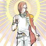  1boy asymmetrical_clothes buddha commentary_request facial_mark fingerless_gloves gloves iesupa jacket_on_shoulders meditation pose redhead rwby scarlet_david solo sun translation_request 